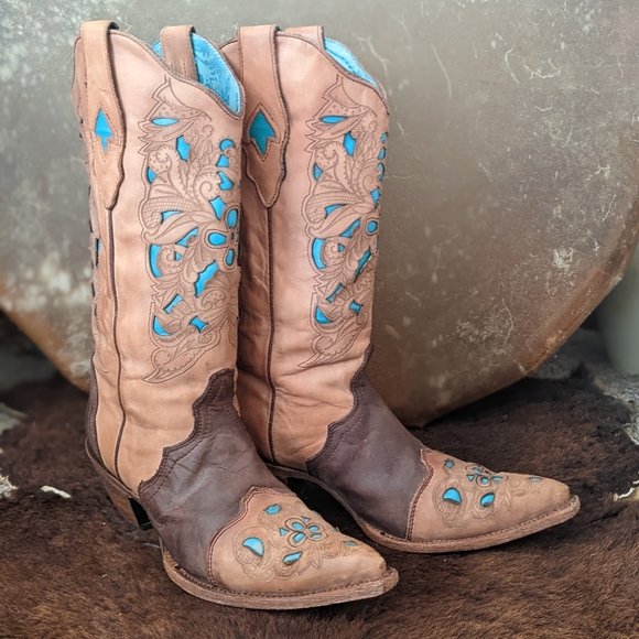 CORRAL C1620 laser tooled tan & turquoise snip toe cowgirl western boots sz 9.5 - Picture 9 of 16